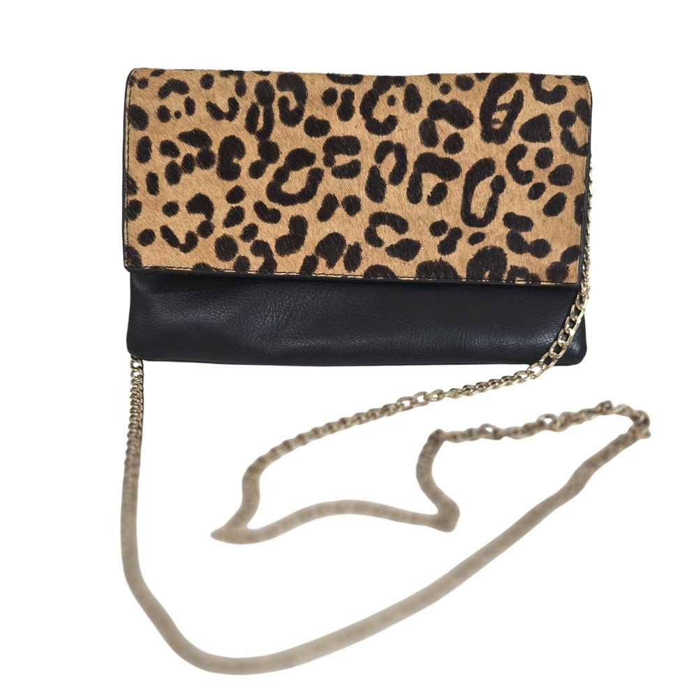 Madison West Calf Hair Leopard Print‎ Crossbody Clutch Bag Black Vegan Leather